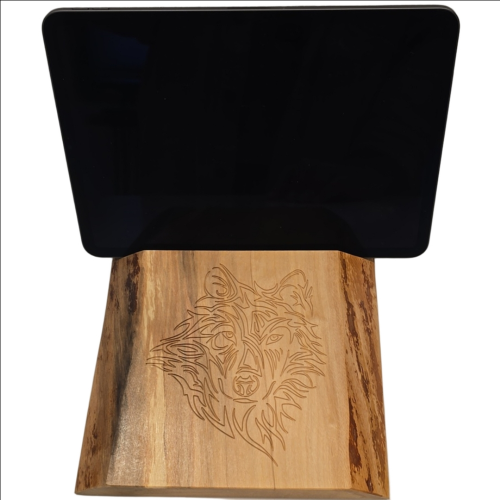 Live Edge Wood Tablet Phone Stand Wolf Design Handmade in Alaska